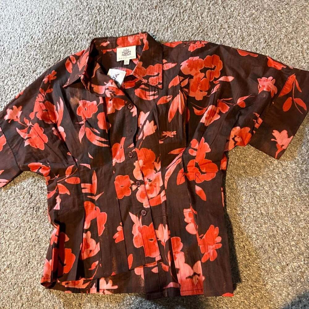 True Destinations Floral Print Button-Down Shirt Brown Red XS